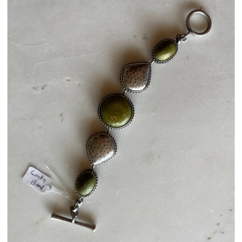 LUCKY BRAND Vintge Reversible Silver Tone Link Bracelet Toggle 8” Green Stones